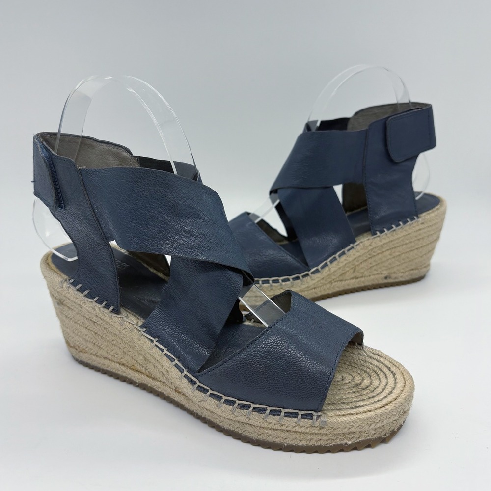 Eileen Fisher Willow Espadrille Wedge Sandals Size 7.5 Blue Leather Strappy